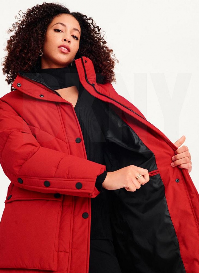 παλτό DKNY Long Puffer With Faux Fur Hood γυναικεια κοκκινα | Greece_D0279