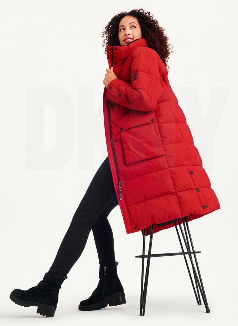 παλτό DKNY Long Puffer With Faux Fur Hood γυναικεια κοκκινα | Greece_D0279