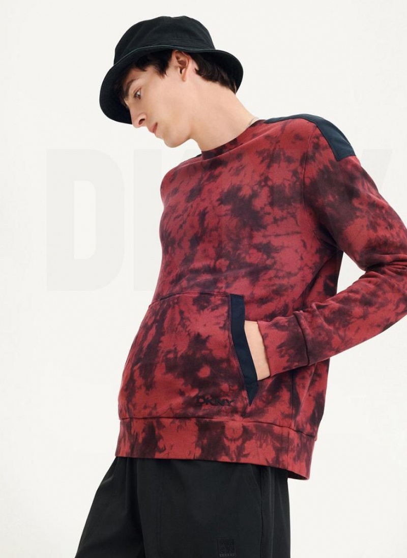 Φούτερ DKNY Long Sleeve Tie Dye Crewneck With νάιλον Trim ανδρικα σκούρο κοκκινα μαυρα | Greece_D1683