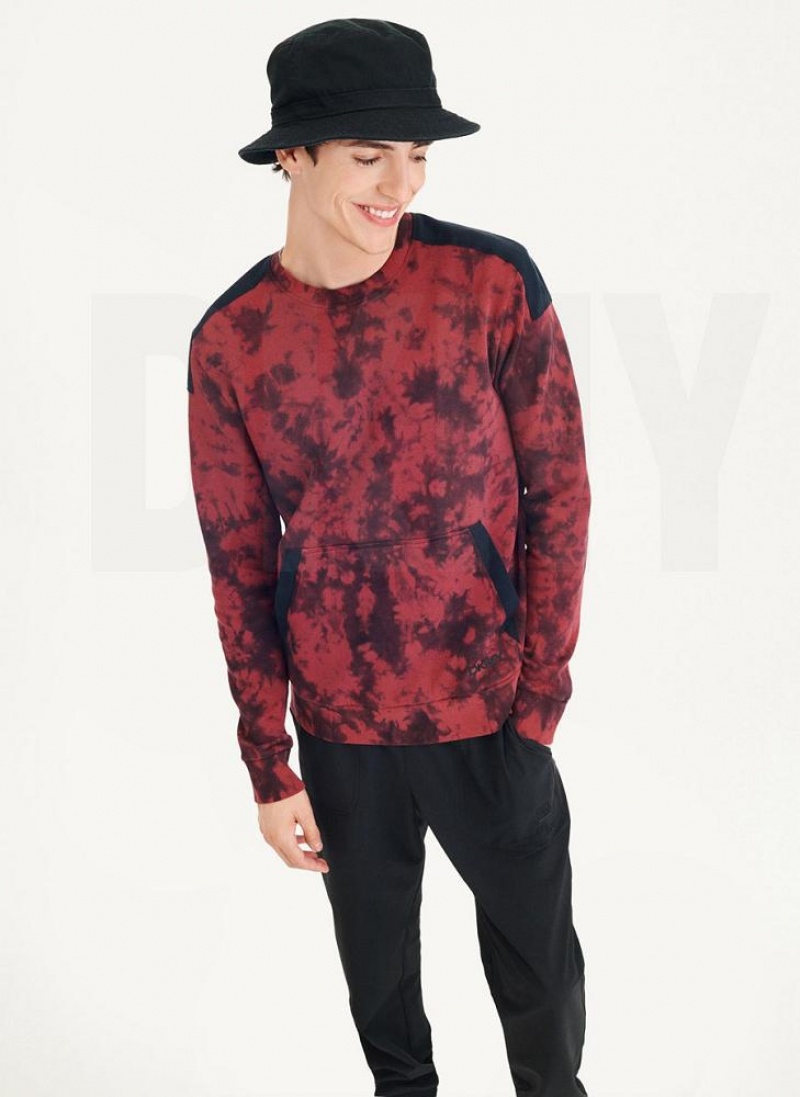 Φούτερ DKNY Long Sleeve Tie Dye Crewneck With νάιλον Trim ανδρικα σκούρο κοκκινα μαυρα | Greece_D1683