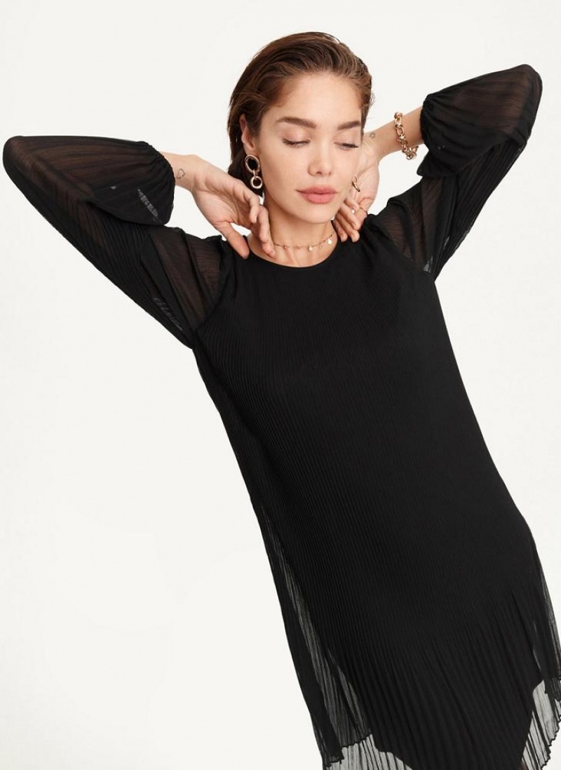 Φορεμα DKNY Long Sleeve Πλισέ A Line γυναικεια μαυρα | Greece_D0536