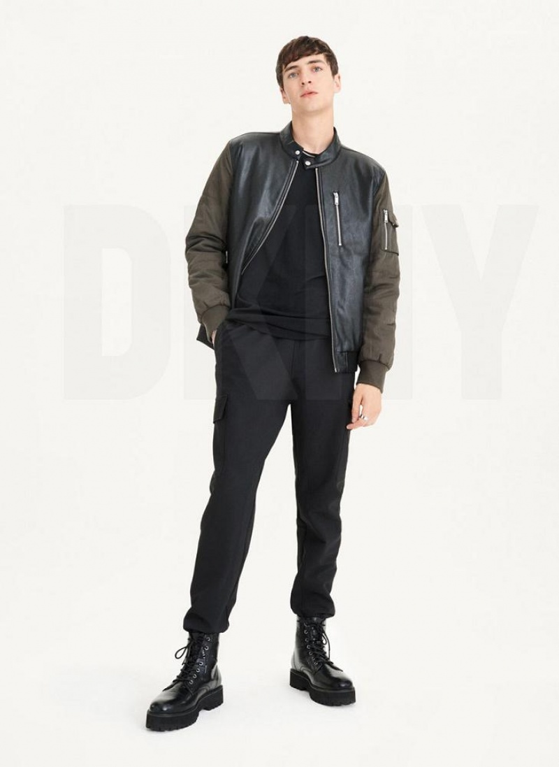 Μπουφαν DKNY Mixed Media Faux δερματινα Bomber ανδρικα μαυρα Ελιά | Greece_D1812