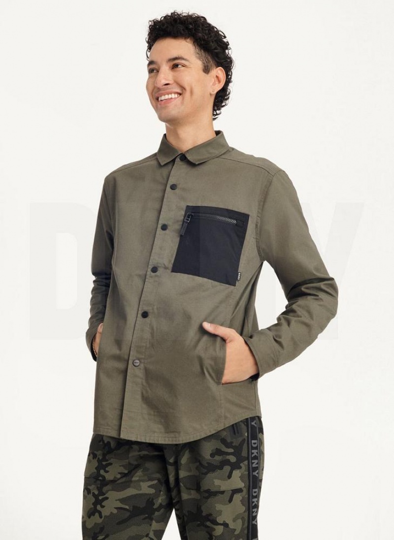 πουκαμισα DKNY Mixed Media PockeT-Shirt Jacket ανδρικα Ελιά | Greece_D1560