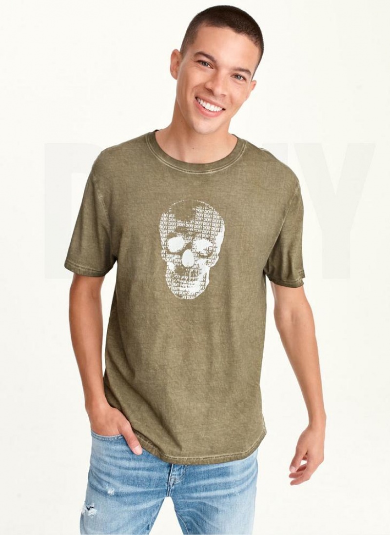 μπλουζακια DKNY OUTLINE LOGO SKULL MINERAL WASH ανδρικα Ελιά | Greece_D0733