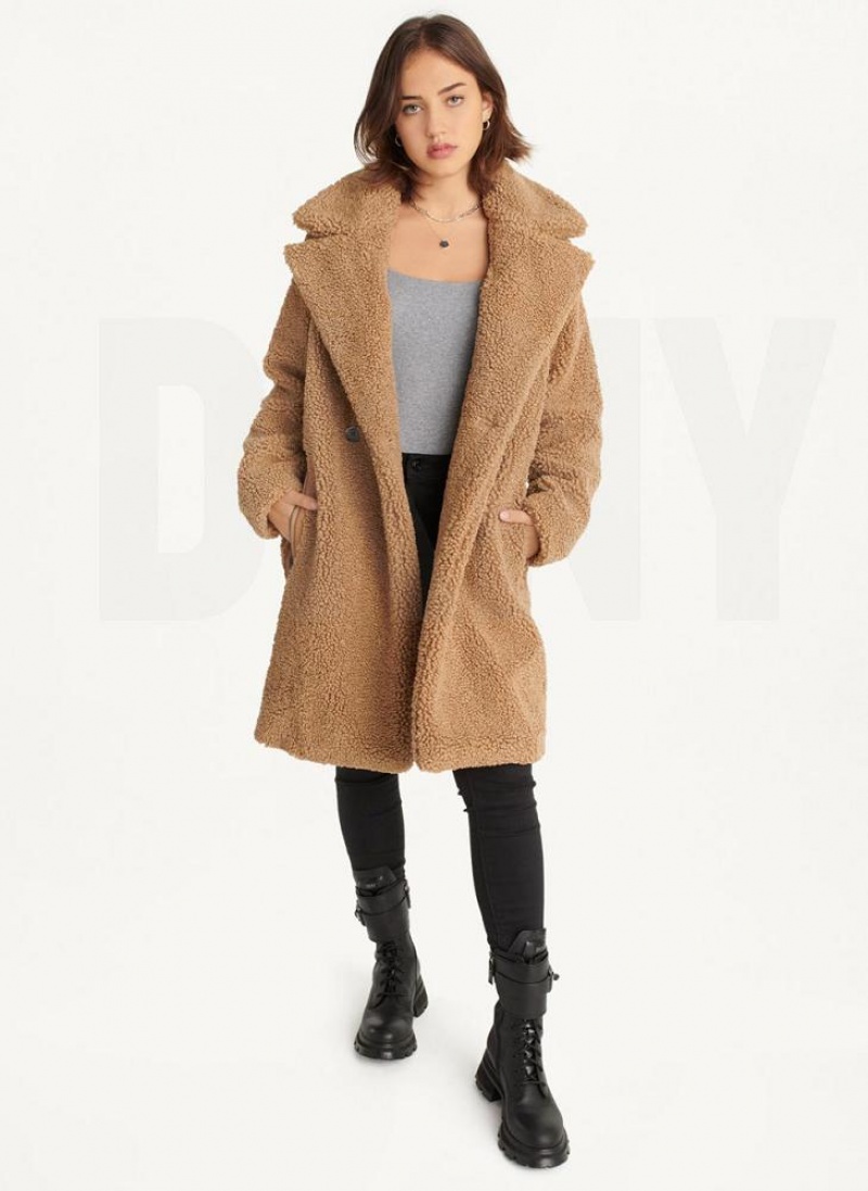 παλτό DKNY Oversized Long Sherpa γυναικεια καφε | Greece_D0422