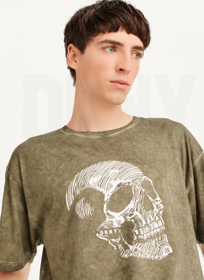 μπλουζακια DKNY Pigment Dye Sketched Skull ανδρικα Ελιά | Greece_D0795