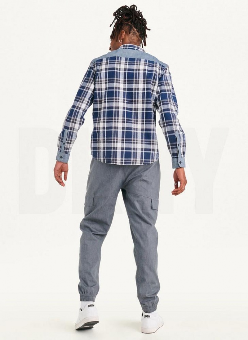 πουκαμισα DKNY Plaid Long Sleeve Button Up ανδρικα σκουρο μπλε | Greece_D1982