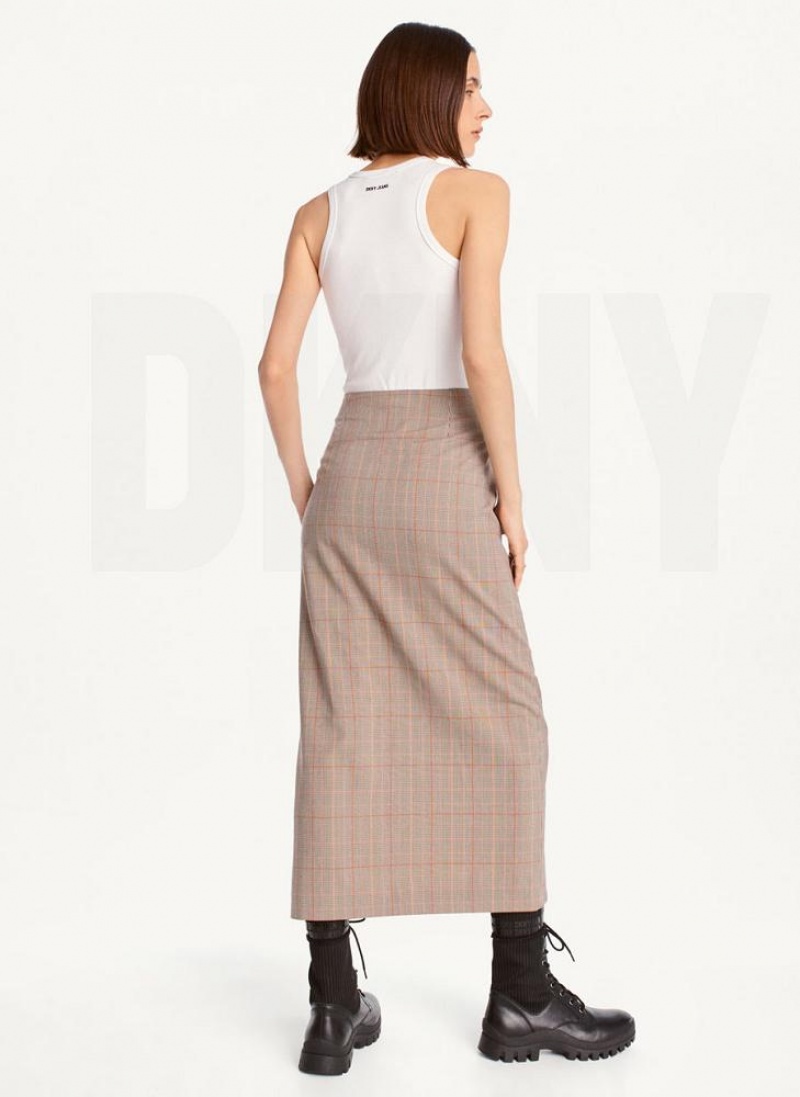 φουστεσ DKNY Plaid Midi γυναικεια καφε | Greece_D1634