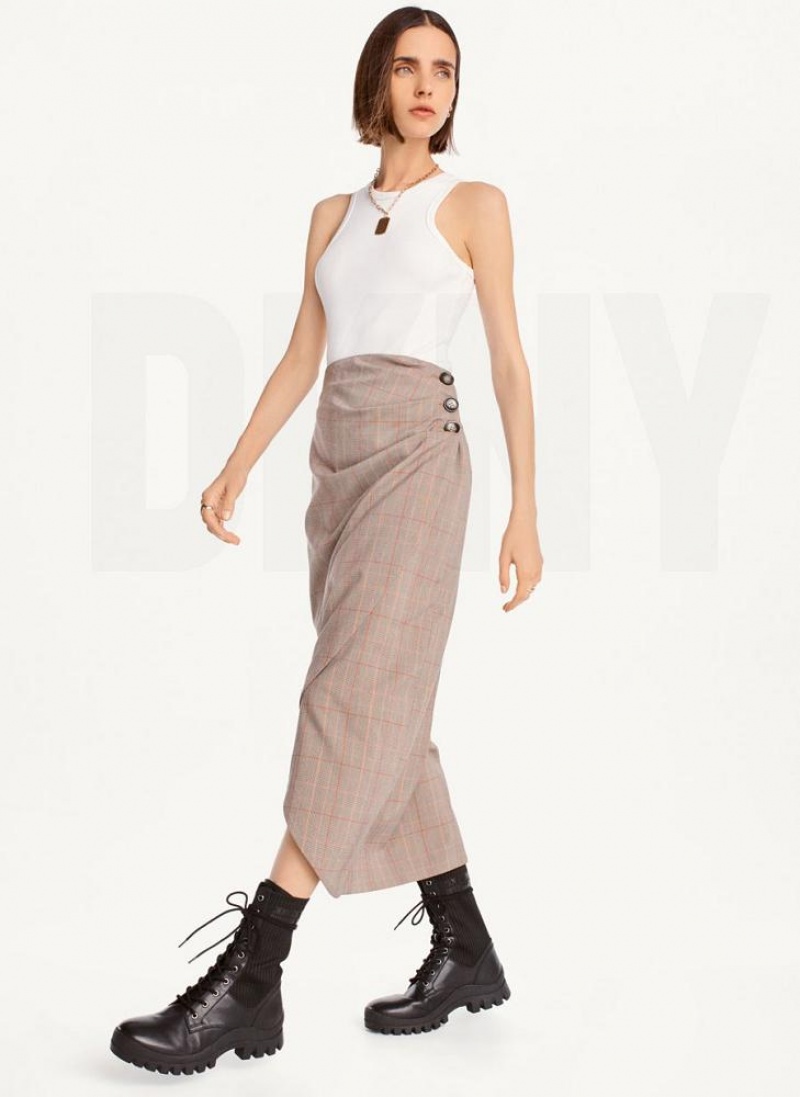 φουστεσ DKNY Plaid Midi γυναικεια καφε | Greece_D1634