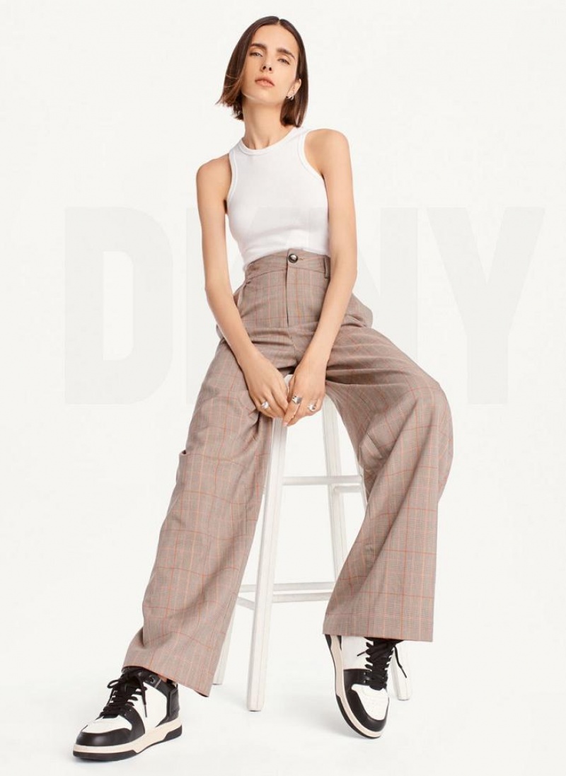 Παντελονι DKNY Plaid φαρδια Leg γυναικεια καφε | Greece_D1131