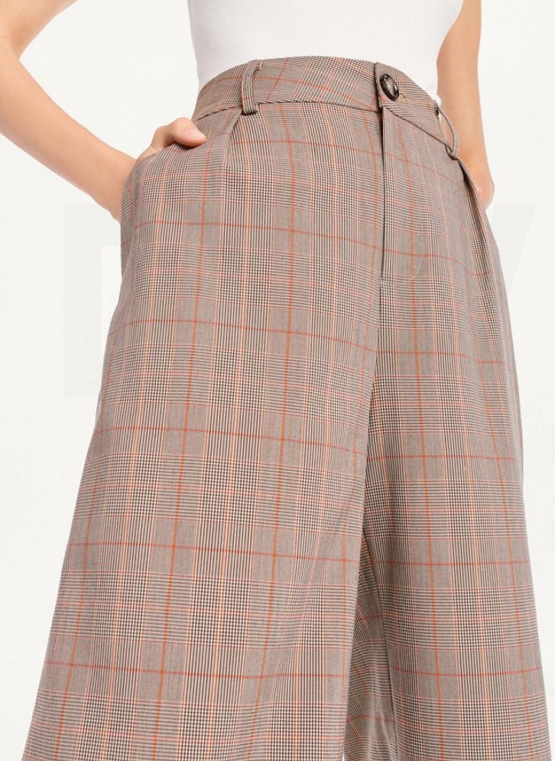 Παντελονι DKNY Plaid φαρδια Leg γυναικεια καφε | Greece_D1131