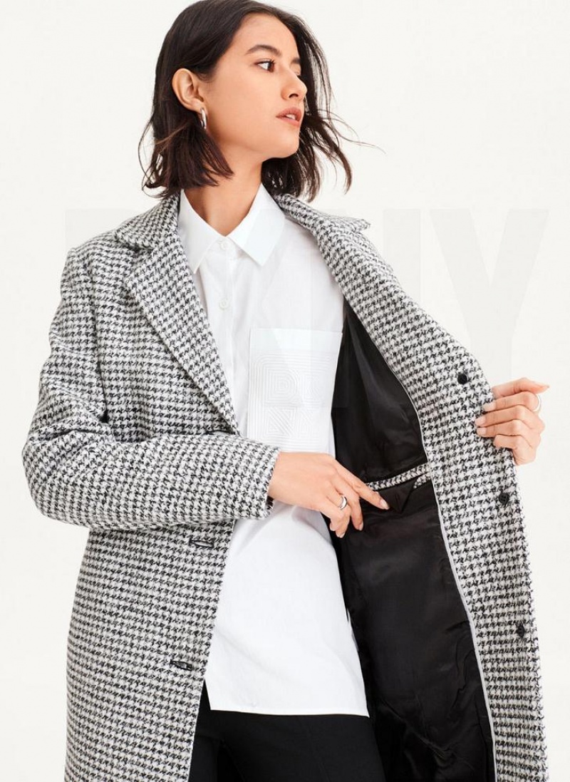 παλτό DKNY Plaid Μαλλί γυναικεια μαυρα ασπρα | Greece_D1422