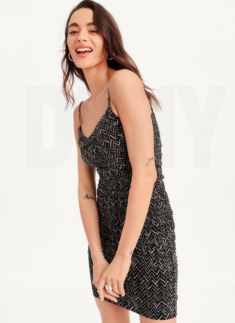 Φορεμα DKNY Printed Cami Ruched Midi γυναικεια μαυρα ασπρα | Greece_D0698