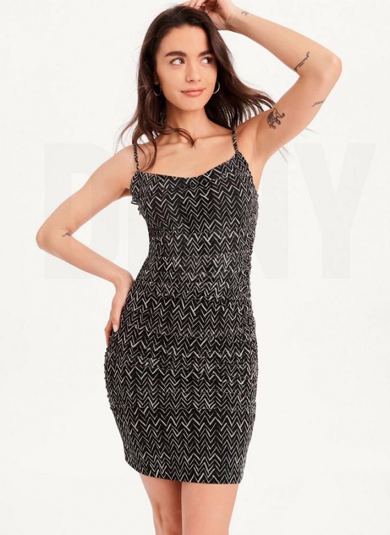 Φορεμα DKNY Printed Cami Ruched Midi γυναικεια μαυρα ασπρα | Greece_D0698