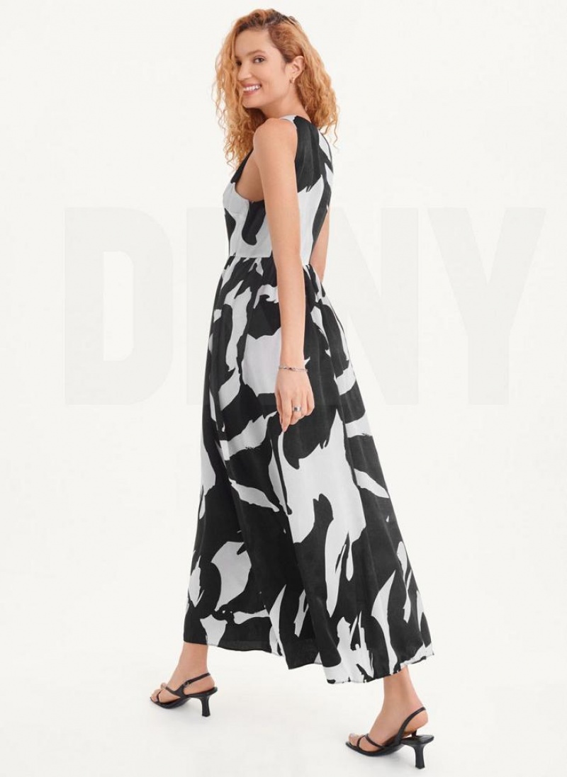 Φορεμα DKNY Printed Maxi γυναικεια ασπρα μαυρα | Greece_D0175