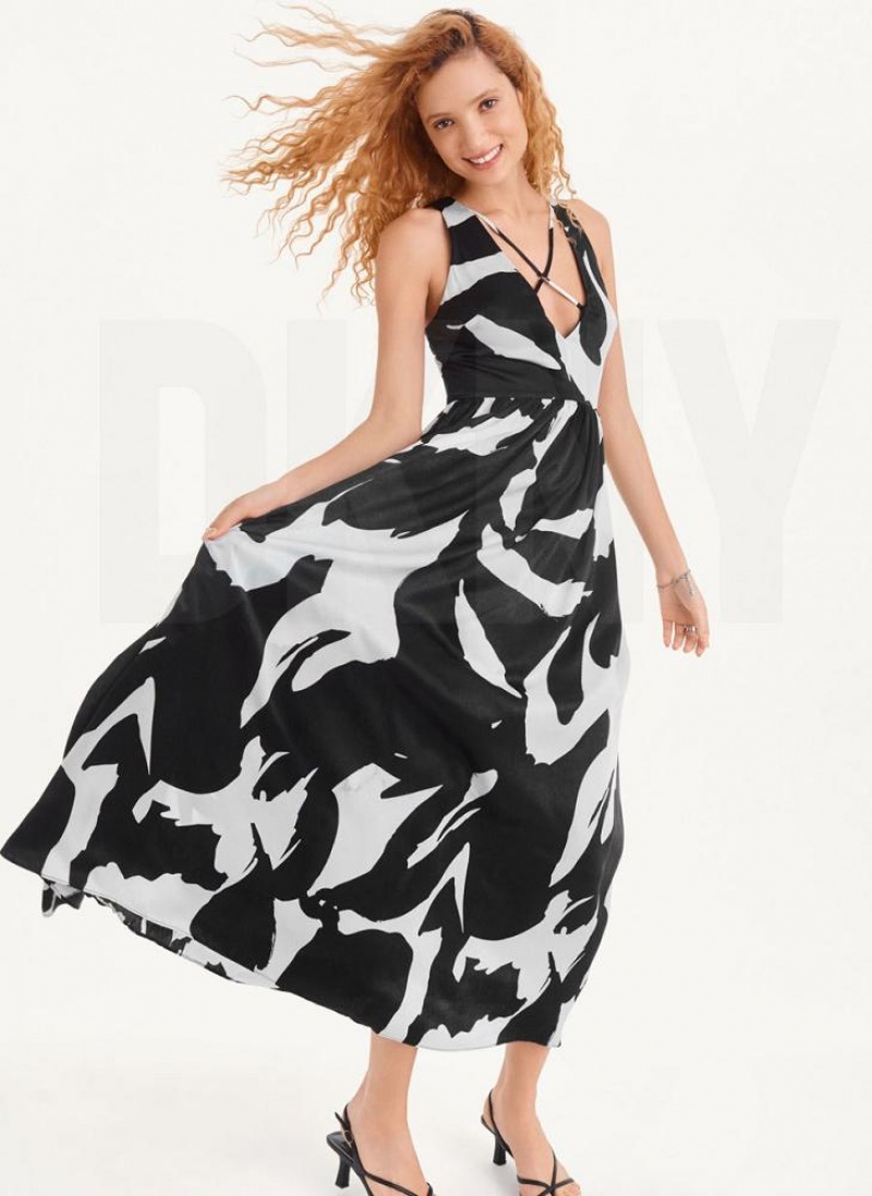 Φορεμα DKNY Printed Maxi γυναικεια ασπρα μαυρα | Greece_D0175