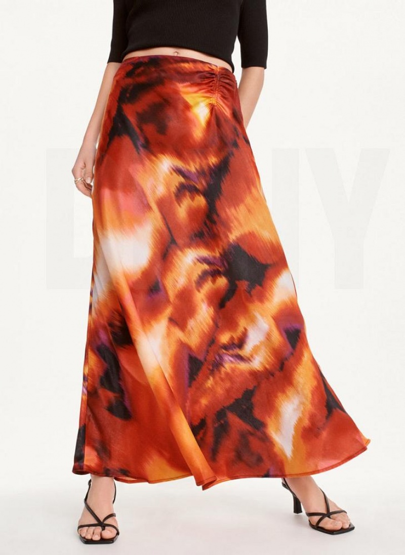 φουστεσ DKNY Printed Satin Ruched Maxi γυναικεια μαυρα Πολύχρωμο | Greece_D1529