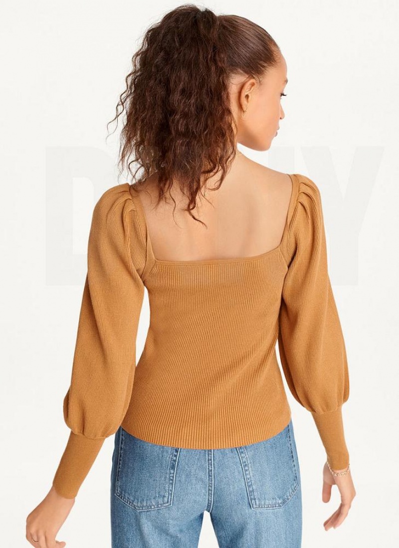 Πουλόβερ DKNY Puff-Sleeve Sweatheart γυναικεια καφε | Greece_D0363