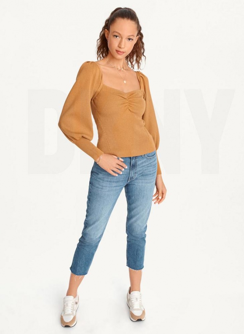 Πουλόβερ DKNY Puff-Sleeve Sweatheart γυναικεια καφε | Greece_D0363