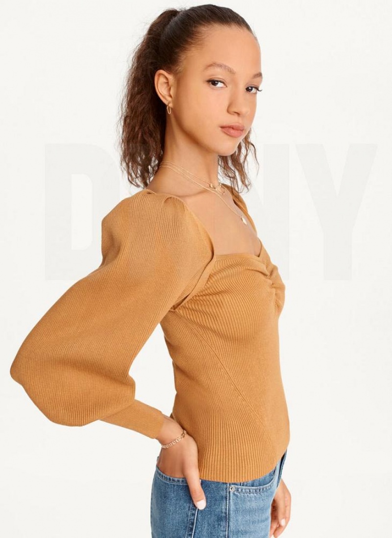 Πουλόβερ DKNY Puff-Sleeve Sweatheart γυναικεια καφε | Greece_D0363