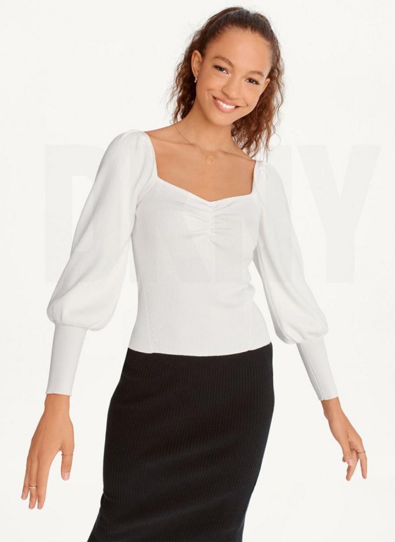 Πουλόβερ DKNY Puff-Sleeve Sweatheart γυναικεια ασπρα | Greece_D0496