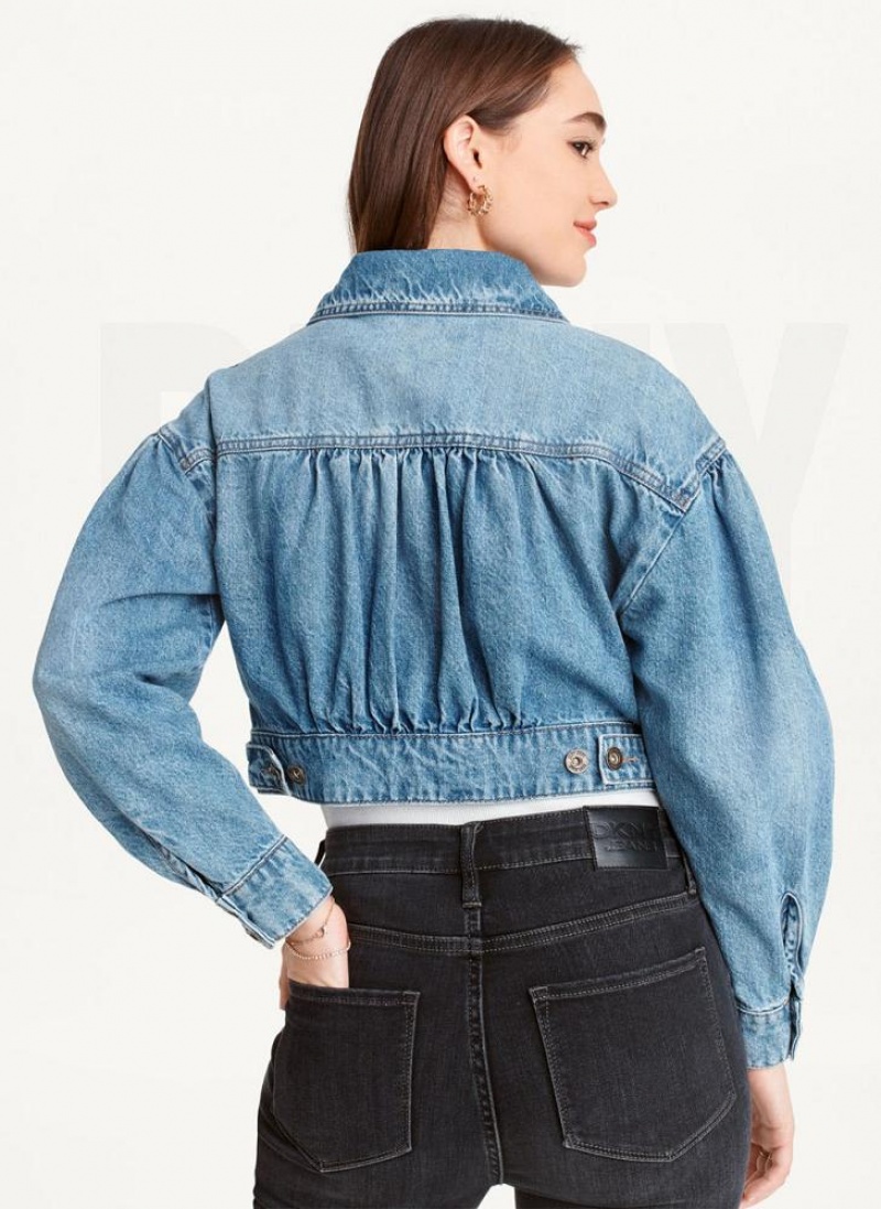 Μπουφαν DKNY Puff Sleeve Denim γυναικεια σκούρο ανοιχτο μπλε | Greece_D1200