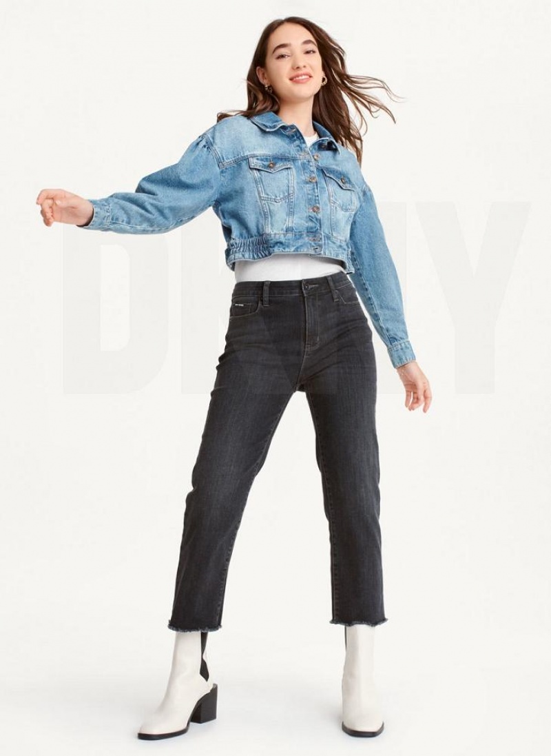 Μπουφαν DKNY Puff Sleeve Denim γυναικεια σκούρο ανοιχτο μπλε | Greece_D1200