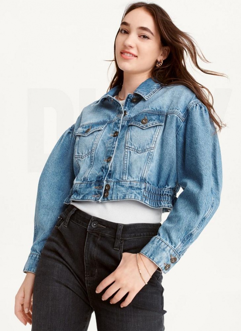 Μπουφαν DKNY Puff Sleeve Denim γυναικεια σκούρο ανοιχτο μπλε | Greece_D1200