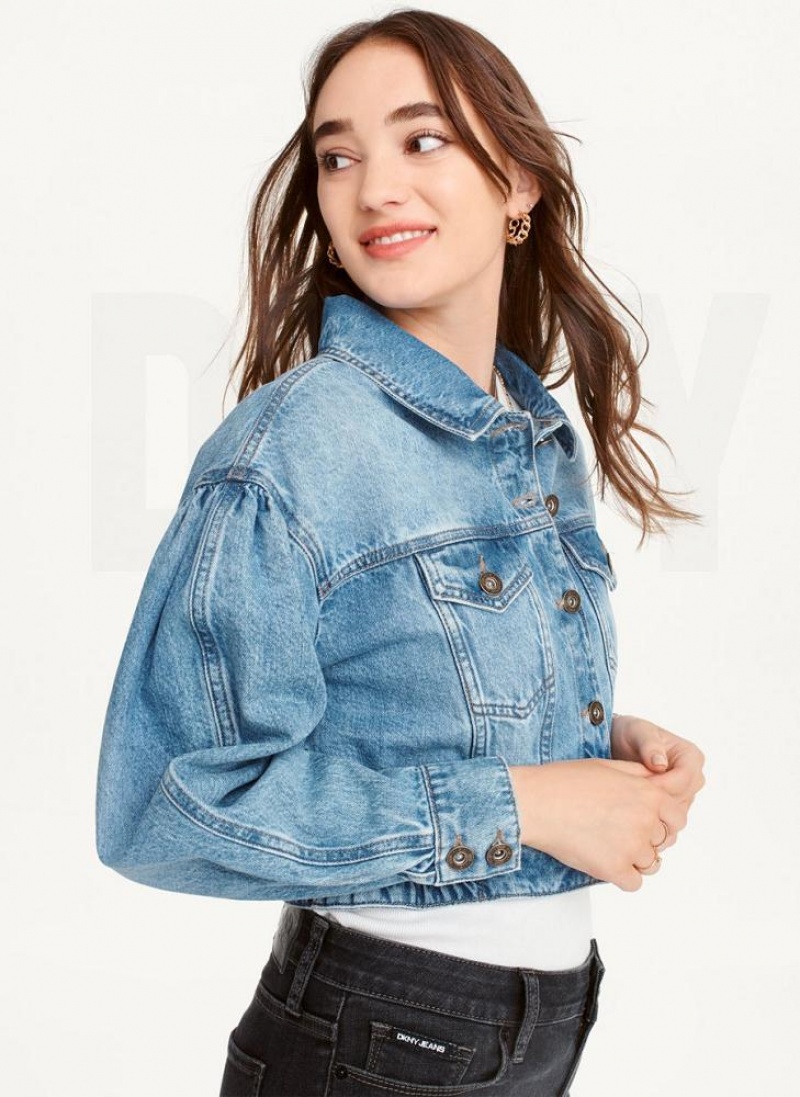 Μπουφαν DKNY Puff Sleeve Denim γυναικεια σκούρο ανοιχτο μπλε | Greece_D1200