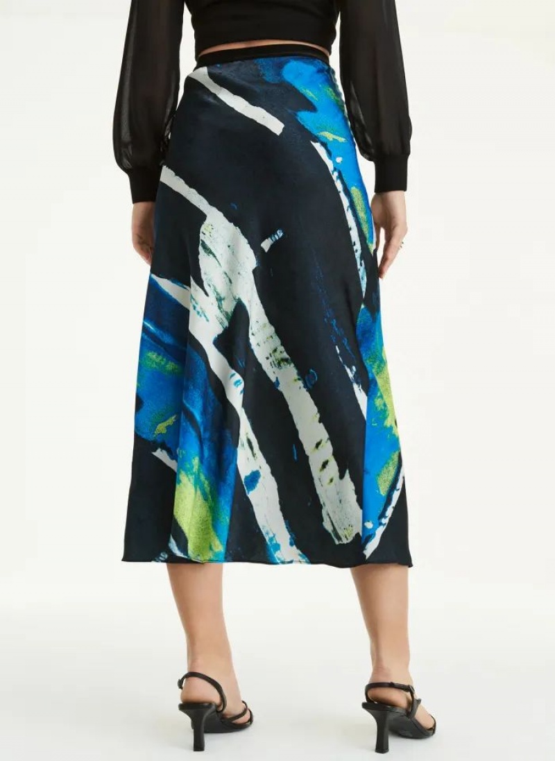 φουστεσ DKNY Pull On Print Satin Midi γυναικεια μπλε | Greece_D0185