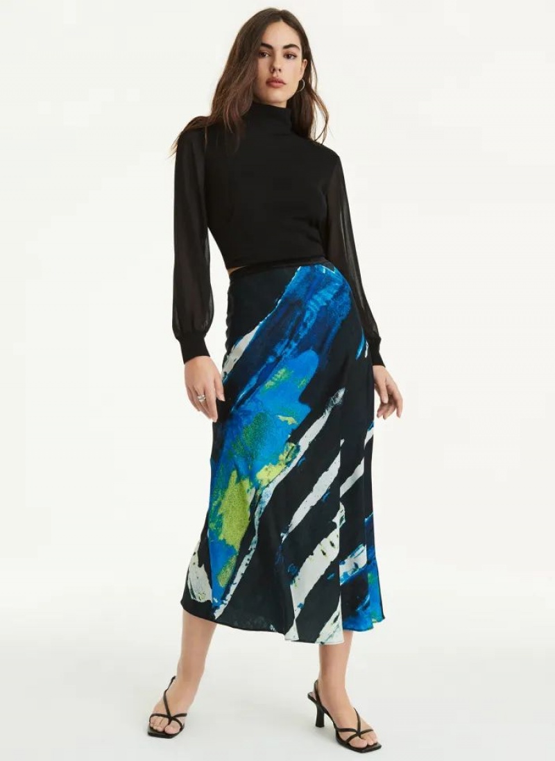 φουστεσ DKNY Pull On Print Satin Midi γυναικεια μπλε | Greece_D0185