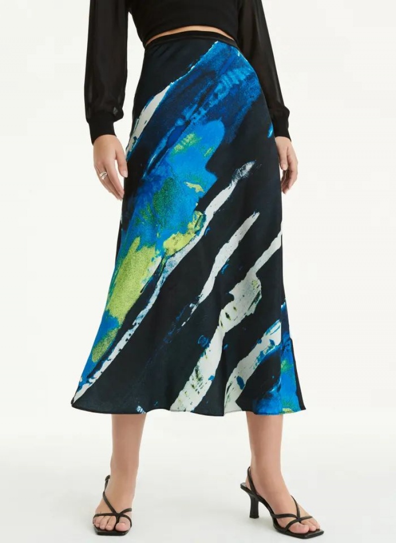 φουστεσ DKNY Pull On Print Satin Midi γυναικεια μπλε | Greece_D0185