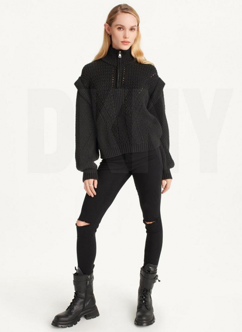 Πουλόβερ DKNY Quarter Zip Cable Knit γυναικεια μαυρα | Greece_D0347