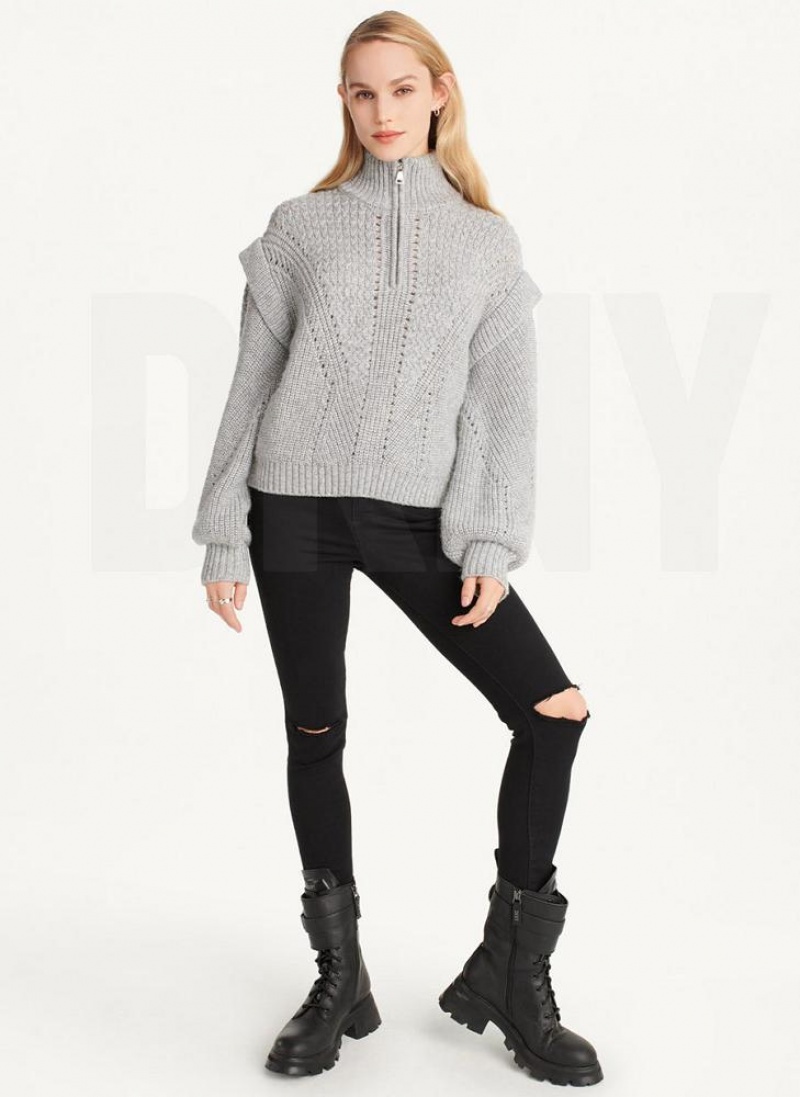 Πουλόβερ DKNY Quarter Zip Cable Knit γυναικεια γκρι | Greece_D0906