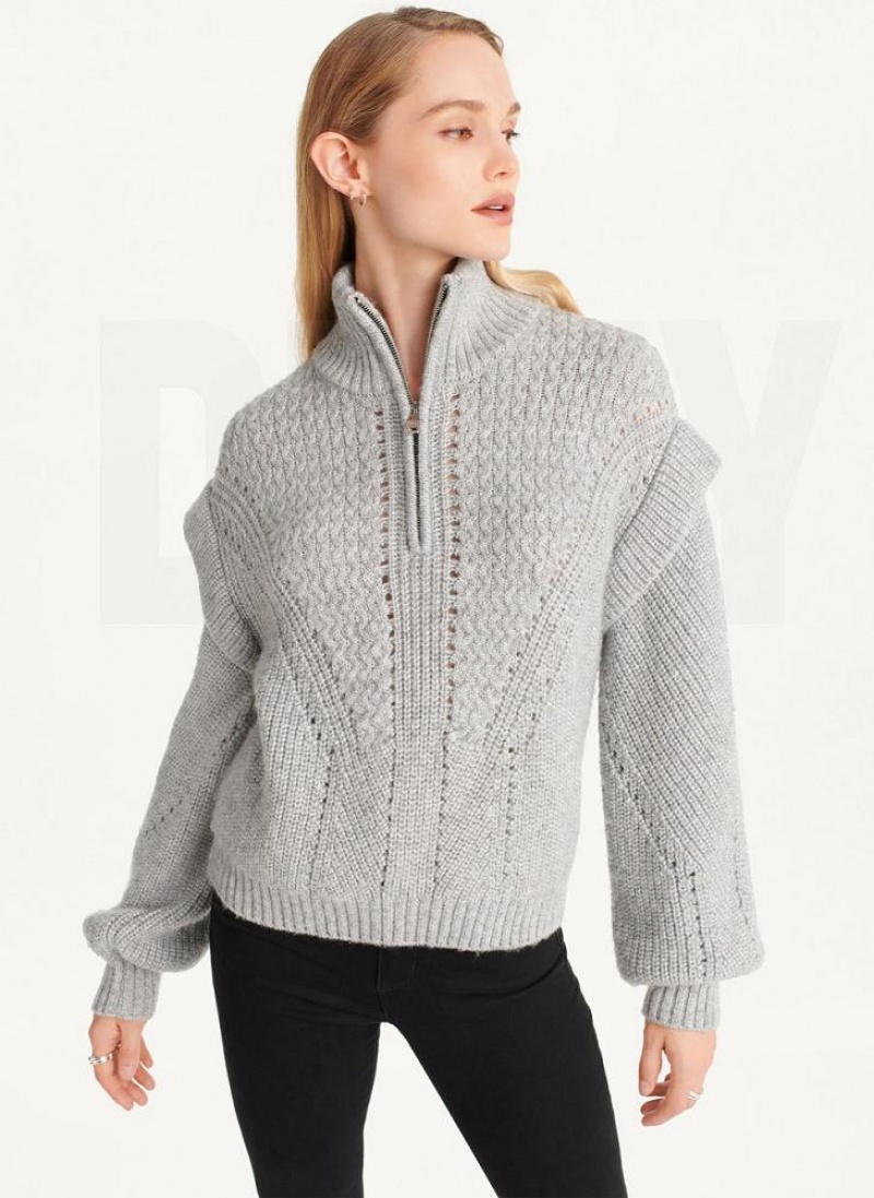 Πουλόβερ DKNY Quarter Zip Cable Knit γυναικεια γκρι | Greece_D0906