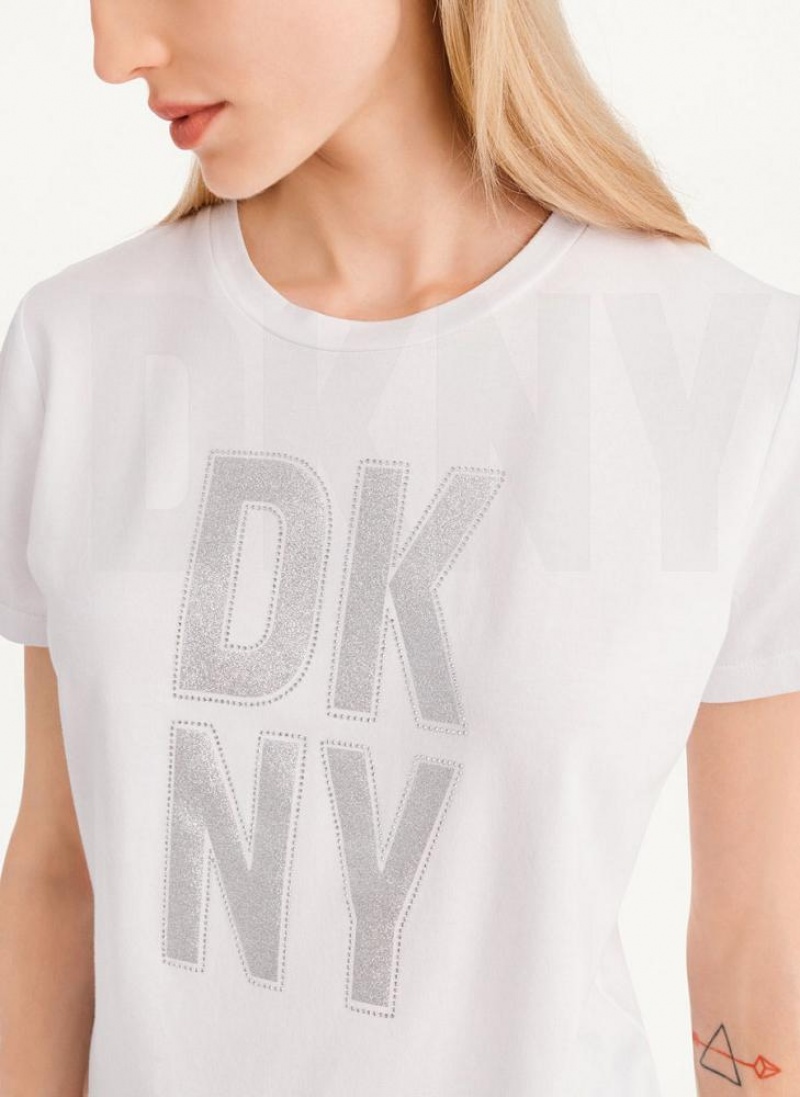 μπλουζακια DKNY Rhinestone Glitter Logo γυναικεια ασπρα ασημι | Greece_D1035