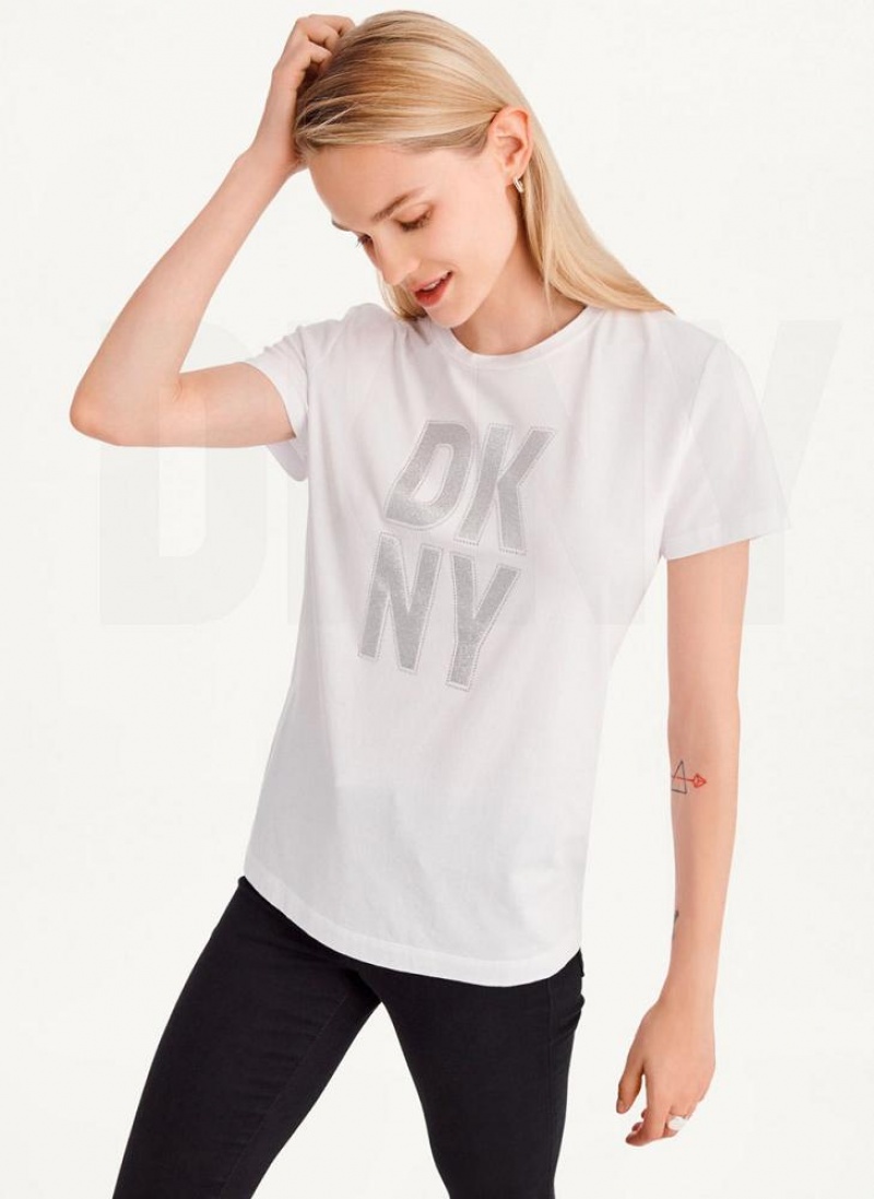 μπλουζακια DKNY Rhinestone Glitter Logo γυναικεια ασπρα ασημι | Greece_D1035