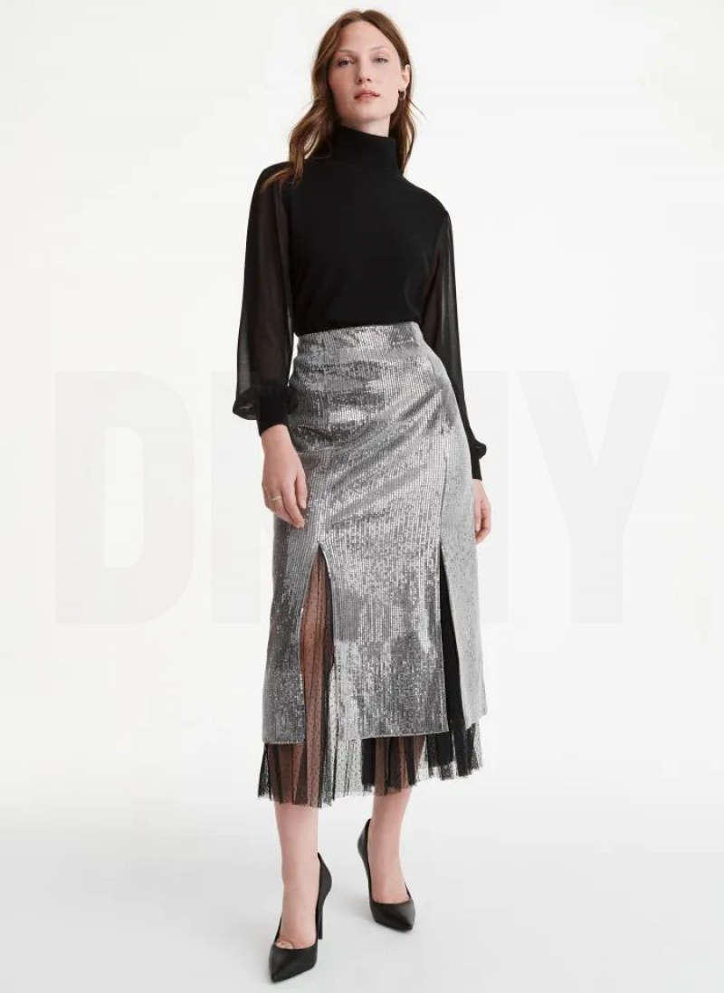 φουστεσ DKNY Sequin Midi With Tulle γυναικεια ασημι | Greece_D1328