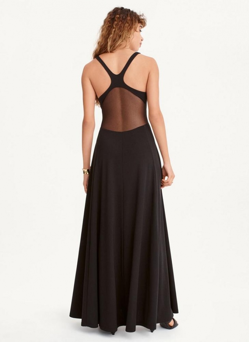 Φορεμα DKNY Side Slit Mesh Detail Maxi γυναικεια μαυρα | Greece_D0781