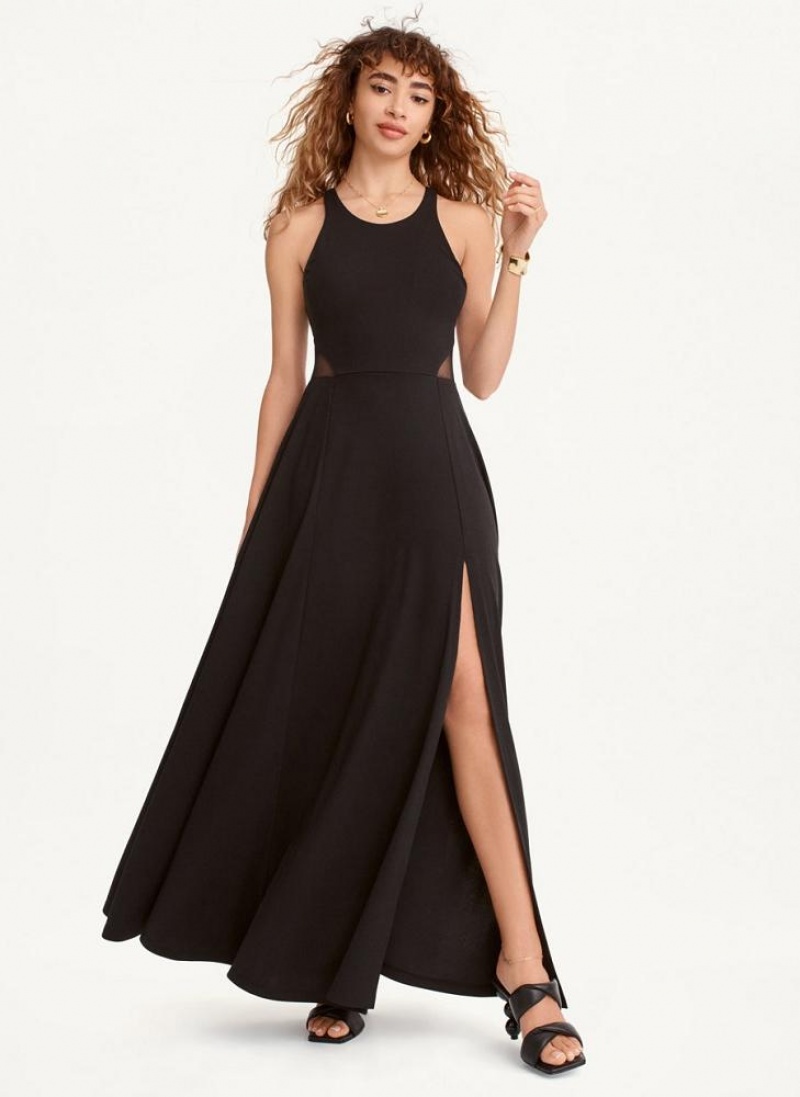 Φορεμα DKNY Side Slit Mesh Detail Maxi γυναικεια μαυρα | Greece_D0781