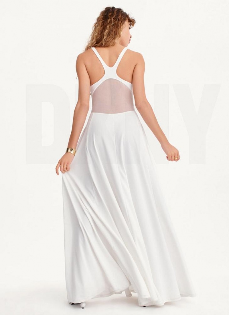 Φορεμα DKNY Side Slit Mesh Detail Maxi γυναικεια ασπρα | Greece_D0694