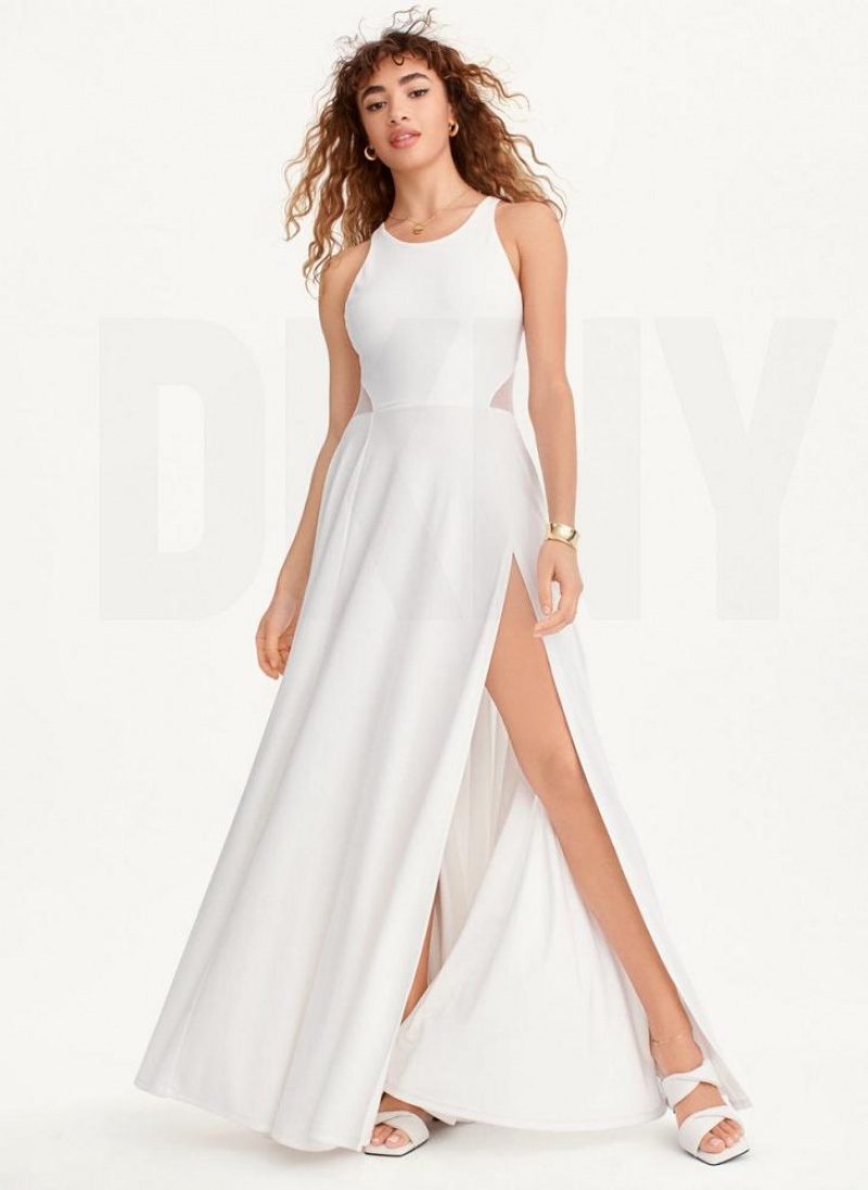 Φορεμα DKNY Side Slit Mesh Detail Maxi γυναικεια ασπρα | Greece_D0694