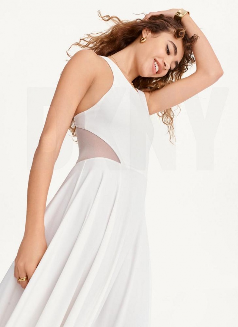 Φορεμα DKNY Side Slit Mesh Detail Maxi γυναικεια ασπρα | Greece_D0694