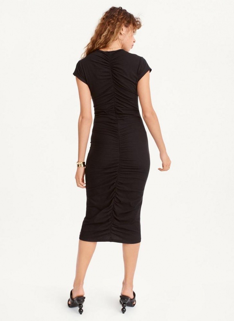 Φορεμα DKNY V-Neck Ruched Midi γυναικεια μαυρα | Greece_D0692