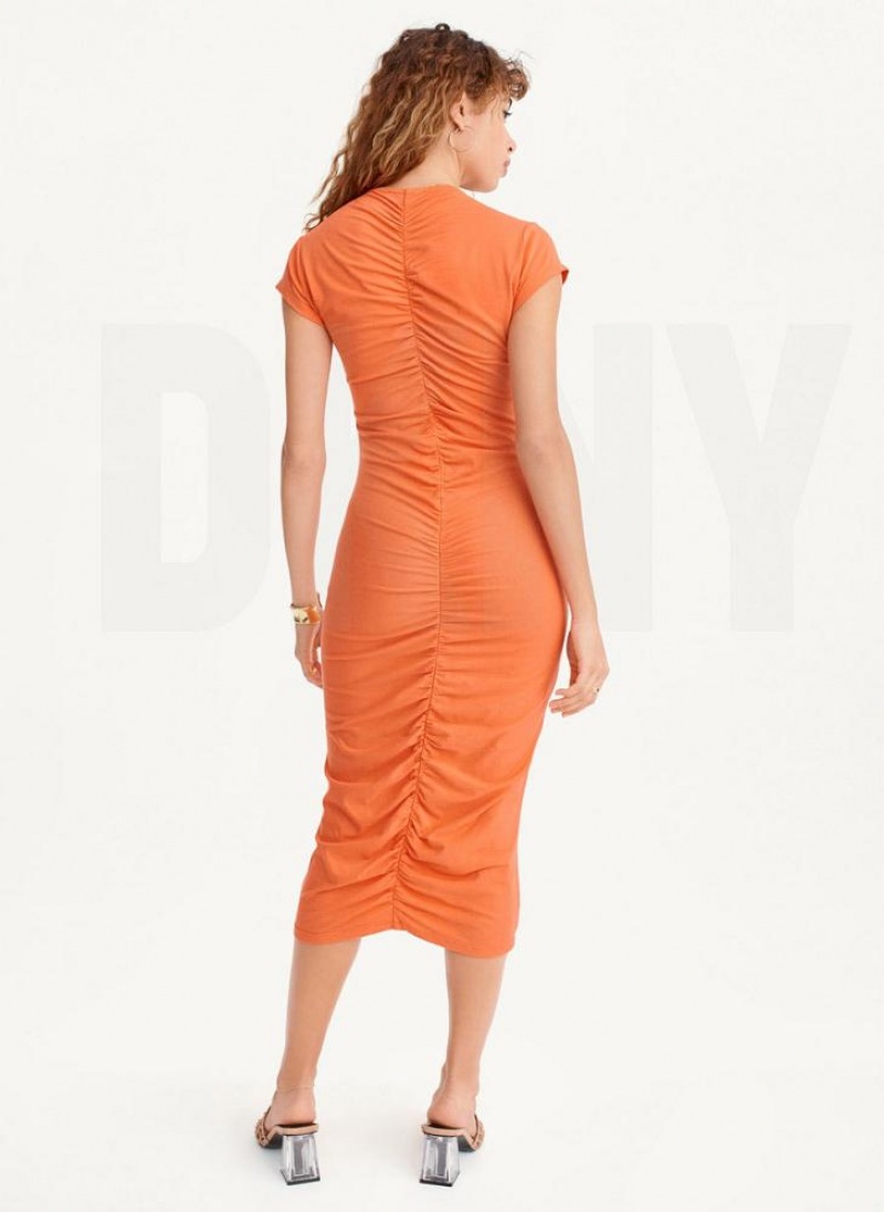 Φορεμα DKNY V-Neck Ruched Midi γυναικεια πορτοκαλι | Greece_D1320