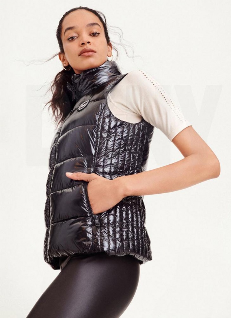 παλτό DKNY Wet Token Logo Puffer Vest γυναικεια μαυρα | Greece_D0604