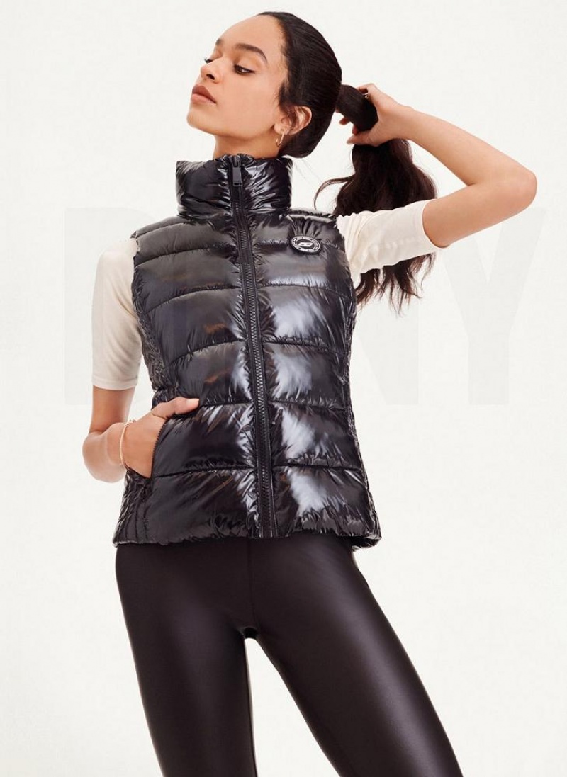 παλτό DKNY Wet Token Logo Puffer Vest γυναικεια μαυρα | Greece_D0604