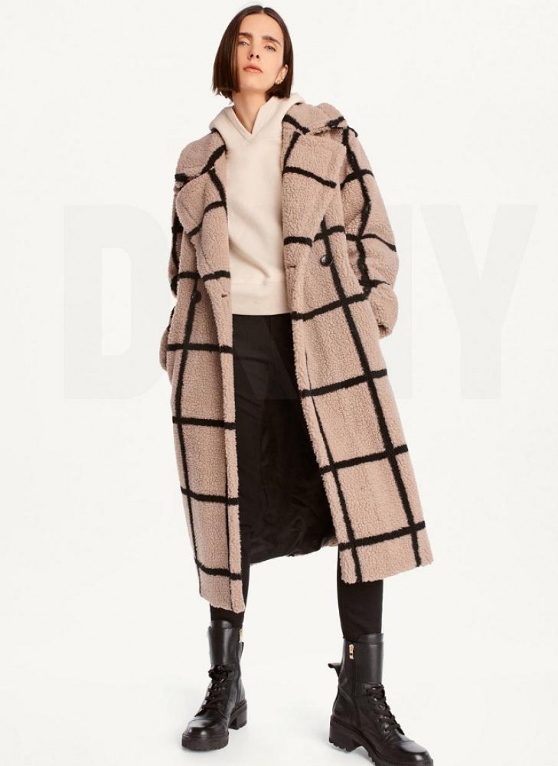 Μπουφαν DKNY Windowpane Sherpa γυναικεια καφε | Greece_D1301