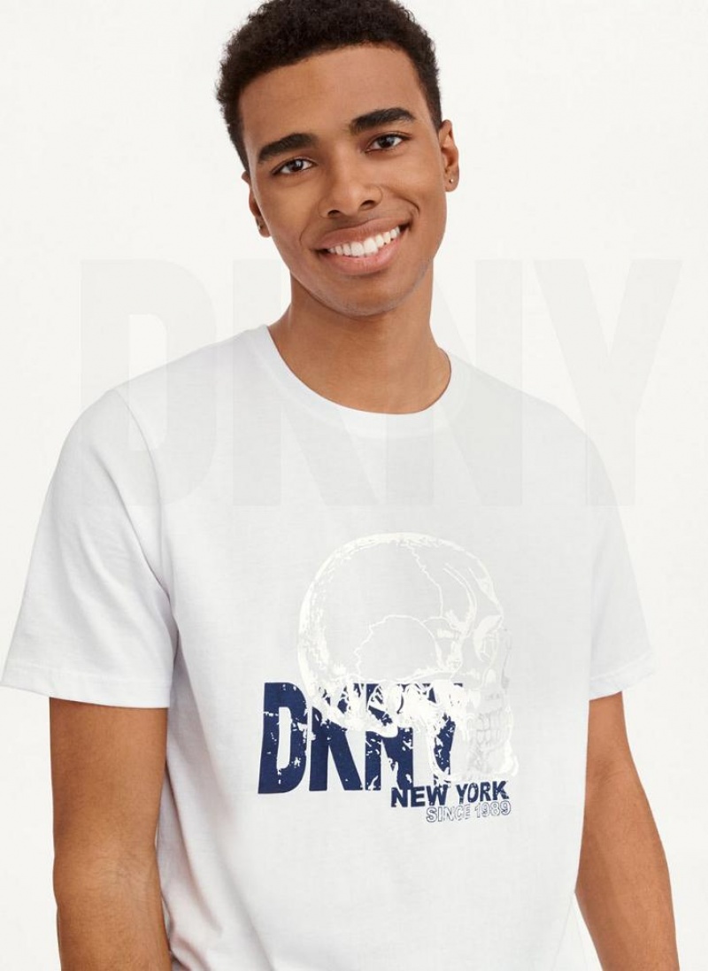 μπλουζακια DKNY Worn Shimmer Skull ανδρικα ασπρα | Greece_D0746