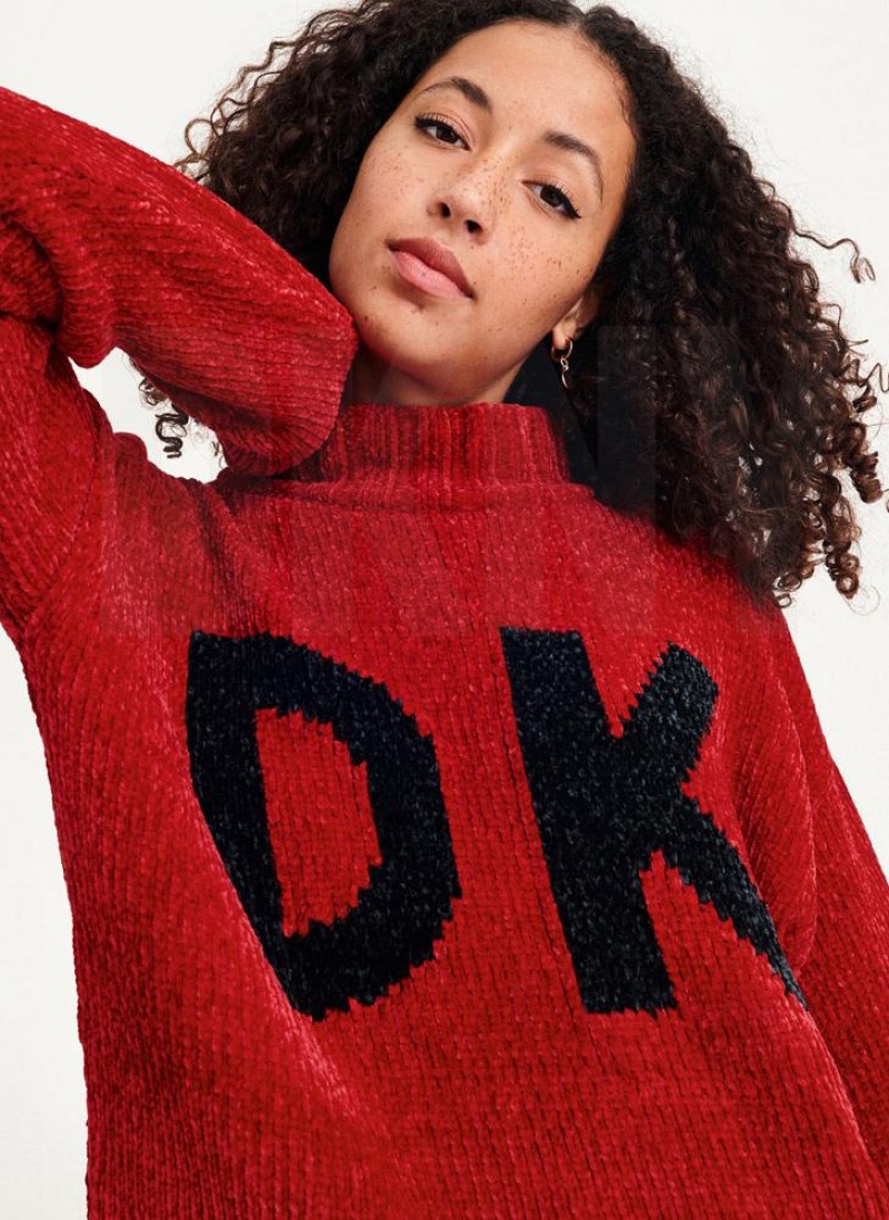 Πουλόβερ DKNY Χοντρός Chenille Logo γυναικεια κοκκινα | Greece_D0243